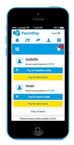 Image shows a mobile phone with the parentpay app on it.